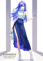 Rule 34 | 1girl, arm at side, artist name, bag, bare shoulders, blue eyes, blue hair, blue nails, blue skirt, breasts, cellphone, colored eyelashes, commission, earrings, english text, female focus, full body, grin, happy, high-waist skirt, high heels, holding, holding bag, holding phone, iphone, jewelry, legs, long hair, long legs, long skirt, looking at viewer, matching hair/eyes, nail polish, necklace, o-ring, original, phone, shirt, shirt tucked in, shoes, shopping bag, side slit, sidelocks, skeb commission, skirt, sleeveless, sleeveless shirt, small breasts, smartphone, smile, solo, standing, suahh, teeth, thighs, twitter username, v-shaped eyebrows, watermark, white background, white footwear, white shirt