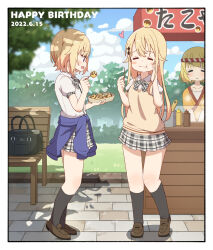 Rule 34 | 3girls, bag, bench, black bag, black socks, blonde hair, blue sky, blue sweater, blush, blush stickers, border, bow, bowtie, breasts, brown footwear, closed eyes, closed mouth, clothes around waist, cloud, collarbone, collared shirt, commentary request, dated, day, eating, facing viewer, flat chest, food, food stand, full body, gochuumon wa usagi desu ka?, grass, grey bow, grey bowtie, grey eyes, grey skirt, hair between eyes, happy birthday, highres, holding, holding food, japanese clothes, jinja eru, jinja natsume, kimono, kirima syaro, kneehighs, loafers, looking at another, miniskirt, mohei, multiple girls, open mouth, outdoors, plaid, plaid bow, plaid bowtie, plaid skirt, pleated skirt, puffy short sleeves, puffy sleeves, school uniform, shadow, shirt, shoes, short hair, short sleeves, siblings, sidelocks, sisters, skirt, sky, small breasts, smile, socks, standing, sweat, sweater, sweater around waist, sweater vest, takoyaki, toothpick, tree, twins, white border, white shirt, yellow kimono, yellow sweater, yukata