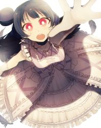 Rule 34 | 10s, 1girl, arm up, black feathers, black wings, blue hair, bright pupils, choker, collarbone, cross, cross-laced clothes, cross earrings, dress, earrings, feathers, frilled dress, frills, from above, gloves, gothic lolita, hair bun, highres, hikusa, jewelry, lolita fashion, long hair, love live!, love live! school idol festival, love live! sunshine!!, necklace, red eyes, side bun, single side bun, sleeveless, sleeveless dress, solo, striped clothes, striped dress, tsushima yoshiko, vertical-striped clothes, vertical-striped dress, white dress, white gloves, wings