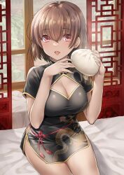 1girl 47agdragon baozi black_dress blush breasts brown_hair china_dress chinese_clothes cleavage commission dark-skinned_female dark_skin dress food highres holding holding_food indoors large_breasts looking_at_viewer open_mouth original red_eyes second-party_source sharifah_ozdil_(tukikagerou) short_hair sitting skeb_commission smile solo teeth thighs upper_teeth_only