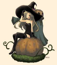 Rule 34 | 1boy, 1girl, ;q, adjusting clothes, adjusting headwear, artist name, black dress, black footwear, black gloves, black hat, blonde hair, boots, breasts, cleavage, deneb rove, dress, flower, gloves, hat, hat flower, high heel boots, high heels, highres, jack-o&#039;-lantern, long hair, looking at viewer, manase, microdress, one eye closed, pink background, plant, pumpkin, pumpkinhead (ogre battle), purple eyes, simple background, sitting, sleeves past wrists, strapless, strapless dress, tactics ogre, thigh boots, thighhighs, tongue, tongue out, tunic, vines, witch, witch hat, zettai ryouiki