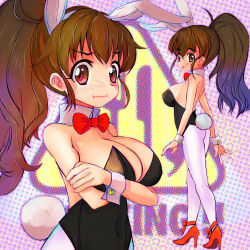 Rule 34 | 1girl, :t, animal ears, black leotard, bow, bowtie, breasts, brown eyes, brown hair, cleavage, commentary request, cowboy shot, detached collar, fake animal ears, full body, high heels, highres, large breasts, leotard, logo, long hair, looking at viewer, multiple views, one-piece thong, pantyhose, playboy bunny, ponytail, pout, rabbit ears, rabbit tail, red footwear, red neckwear, standing, strapless, strapless leotard, tail, taneshima popura, thong leotard, tsukiyono aroe, white pantyhose, working!!, wrist cuffs, zoom layer