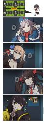 Rule 34 | 4koma, black hair, blue eyes, chinese text, comic, covering own ears, fal (girls&#039; frontline), girls&#039; frontline, commander (girls&#039; frontline) (xiujia yihuizi), heterochromia, highres, long hair, makarov (girls&#039; frontline), megaphone, multicolored hair, orange eyes, prehensile hair, red eyes, ro635 (girls&#039; frontline), silver hair, simplified chinese text, smile, sparkle, streaked hair, translation request, twintails, type 97 (girls&#039; frontline), xiujia yihuizi, yellow eyes