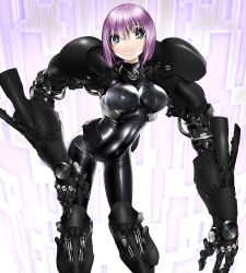 Rule 34 | 1girl, blue eyes, bodysuit, breasts, commentary request, cyberpunk, hand on own hip, large breasts, long arms, mechanical arms, mechanical legs, metal akira, original, pistons, purple hair, short hair, single mechanical arm, smile