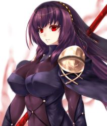 Rule 34 | 1girl, absurdres, armor, bodysuit, breasts, colored eyelashes, covered navel, fate/grand order, fate (series), female focus, glowing, hair ornament, highres, large breasts, long hair, looking at viewer, minarai tenna, nrrr, pauldrons, polearm, purple bodysuit, purple hair, red eyes, scathach (fate), scathach (fate), shoulder armor, solo, spear, very long hair, weapon