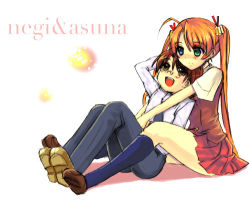Rule 34 | 00s, 1boy, 1girl, :d, bell, between legs, blue eyes, blush, brown hair, hair bell, hair ornament, hair ribbon, height difference, heterochromia, kagurazaka asuna, loafers, long hair, long sleeves, lowres, mahou sensei negima!, negi springfield, open mouth, orange hair, pants, plaid, plaid skirt, pleated skirt, red ribbon, red skirt, ribbon, shirt, shoes, short sleeves, simple background, skirt, smile, teenage girl and younger boy, twintails, very long hair, white background, white shirt