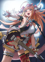 Rule 34 | 1girl, absurdres, ahoge, arm garter, armpits, bare arms, bare shoulders, blonde hair, blunt bangs, bow, bow hairband, breasts, bridal garter, clothing cutout, diagonal-striped bow, dragon girl, dragon horns, dragon tail, electric guitar, emblem, fang, feet out of frame, floating hair, gloves, guitar, hairband, hand up, highres, holding, holding instrument, hololive, hololive idol uniform, horn ornament, horn ribbon, horns, idol, idol clothes, instrument, kiryu coco, large breasts, light blush, long hair, long pointy ears, looking to the side, miniskirt, multicolored hair, navel cutout, official alternate costume, open mouth, orange hair, outstretched arm, pointing, pointy ears, red eyes, red hairband, red ribbon, ribbon, sidelocks, single thighhigh, skin fang, skindentation, skirt, solo, stage, stage lights, streaked hair, striped, striped bow, sweat, tail, teeth, thighhighs, upper teeth only, virtual youtuber, white gloves, white skirt, wrist cuffs, xiaoju xiaojie