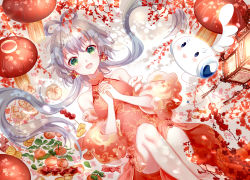 Rule 34 | 1girl, :d, china dress, chinese clothes, chinese new year, collarbone, cookie, detached sleeves, dress, floating hair, food, from above, fruit, green eyes, hair between eyes, hair rings, highres, lantern, long hair, looking at viewer, luo tianyi, lying, mushroom, on back, open mouth, own hands clasped, own hands together, red dress, short hair with long locks, silver hair, sleeveless, sleeveless dress, smile, solo, twintails, very long hair, vocaloid, yaduo