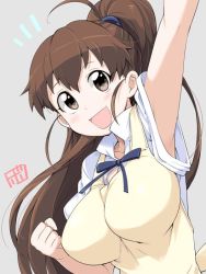 Rule 34 | 1girl, :d, apron, arm up, armpits, blush, bowieknife, breasts, brown eyes, brown hair, clenched hand, female focus, grey background, jpeg artifacts, large breasts, long hair, open mouth, ponytail, signature, simple background, smile, solo, taneshima popura, upper body, waitress, working!!