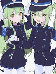 Rule 34 | 2girls, belt, black belt, blue archive, blush, buttons, closed mouth, collared jacket, commentary, earrings, fang, gloves, green hair, hair between eyes, haku (yanhaku), hand on own hip, hand up, hands up, hat, hat ornament, hikari (blue archive), nozomi (blue archive), highres, jacket, jewelry, long hair, long sleeves, looking at viewer, mandarin collar, multiple girls, open mouth, pantyhose, pleated skirt, pocket, pointy ears, purple hat, purple jacket, purple shorts, purple skirt, shorts, sidelocks, simple background, skin fang, skirt, smile, standing, tongue, twintails, v-shaped eyebrows, white background, white gloves, white pantyhose, wide sleeves, yellow eyes