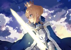 Rule 34 | 1girl, ahoge, armor, armored dress, artoria pendragon (fate), blonde hair, cloud, cloudy sky, coat, crown, dress, excalibur (fate/stay night), fate/grand order, fate/stay night, fate (series), fighting stance, fur-trimmed coat, fur trim, gauntlets, glint, glowing, glowing sword, glowing weapon, green eyes, hatsuko, holding, holding sword, holding weapon, looking afar, saber (fate), sky, solo, sparkle, sword, weapon