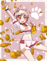 Rule 34 | 1girl, absurdres, animal ears, bell, calico, cat ears, cat girl, cat tail, coin, crop top, gold, goutokuji mike, highres, jingle bell, koban (gold), maneki-neko, midriff, multicolored clothes, multicolored hair, multicolored shirt, multicolored shorts, multicolored tail, navel, neck bell, open mouth, orange eyes, patch, patchwork clothes, short hair, shorts, stomach, streaked hair, tail, touhou, usuba kagerou, white hair