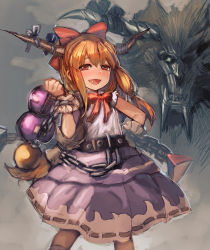 Rule 34 | 1girl, :d, blonde hair, blush, bow, bow (bhp), bowtie, chain, crossover, cuffs, drooling, drunk, gourd, hair bow, hand on own hip, horn bow, horn ornament, horns, ibuki suika, long hair, looking at viewer, monster, open mouth, purple skirt, red bow, red bowtie, red eyes, short sleeves, skirt, smile, solo, standing, touhou