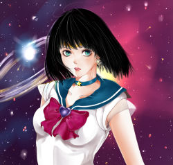 Rule 34 | 1990s (style), 1girl, alternate color, alternate eye color, aqua eyes, bishoujo senshi sailor moon, black hair, blue sailor collar, bob cut, bow, brooch, choker, earrings, female focus, heart, heart brooch, highres, jewelry, lips, lipstick, looking at viewer, makeup, parted lips, red bow, red lips, retro artstyle, sailor collar, sailor saturn, short hair, sleeveless, solo, space, star (symbol), super sailor saturn, tiara, tomoe hotaru, tomtonytommy