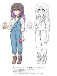 Rule 34 | 1girl, alternate costume, arm at side, black hair, boots, brown eyes, brown footwear, bubble tea, cellphone, colored inner hair, commentary, commission, cross-laced footwear, cup, disposable cup, dot mouth, dress shirt, expressionless, full body, hair between eyes, hair down, hair ornament, hairclip, highres, holding, holding cup, holding phone, lace-up boots, long hair, looking at viewer, multicolored hair, multiple views, onii-chan wa oshimai!, overalls, oyama mihari, phone, purple hair, shirt, simple background, sketch, sleeves rolled up, smartphone, socks, tetesudeesu, translated, two-tone hair, watch, white background, white shirt, white socks, wing collar, wristwatch
