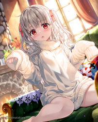 Rule 34 | 1girl, bare legs, barefoot, commentary, couch, curtains, fireplace, fujima takuya, long hair, long sleeves, looking at viewer, no pants, on couch, original, oversized clothes, red eyes, sitting, sleeves past fingers, sleeves past wrists, sweater, two side up, wariza, white hair, white sweater, window