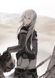 Rule 34 | 1girl, a2 (nier:automata), alternate costume, ass, closed mouth, commentary, detached sleeves, eyelashes, fur-trimmed sleeves, fur trim, grey eyes, grey sleeves, highres, holding, holding head, holding sword, holding weapon, long hair, looking back, nier:automata, nier (series), robot, solo, sword, tricoliet, weapon, white background, white hair