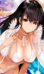 Rule 34 | 1girl, bikini, black hair, breasts, brown eyes, brown hair, cape, character request, choker, earrings, fur trim, highres, hitaki yuu, jewelry, large breasts, long hair, looking at viewer, navel, necklace, original, parted lips, pom pom (clothes), smile, solo, stage lights, swimsuit, thighhighs, yellow eyes