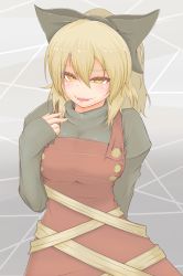 Rule 34 | 1girl, black bow, blonde hair, bow, brown dress, cowboy shot, cube85, dress, fangs, hair bow, highres, kurodani yamame, long hair, long sleeves, looking at viewer, parted lips, ponytail, silk, slit pupils, smile, solo, spider web, touhou, yellow eyes