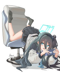Rule 34 | 1girl, absurdres, aqua halo, aris (blue archive), artist name, black hair, black hairband, black skirt, black socks, blue archive, blue halo, blue necktie, chair, dated, full body, green eyes, hair between eyes, hairband, haixingren, halo, handheld game console, highres, holding, holding handheld game console, jacket, long bangs, long hair, long hair between eyes, long sleeves, looking at viewer, necktie, no shoes, on chair, open mouth, pleated skirt, ringed eyes, school uniform, side ponytail, simple background, skirt, smile, socks, solo, thighs, white background, white jacket