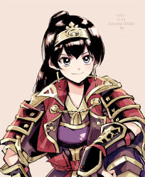 Rule 34 | &gt;:), 1girl, alternate hairstyle, aqua eyes, armor, asa (asa 410st), black hair, breastplate, brown background, character name, closed mouth, commentary request, dated, earrings, elbow gloves, fingerless gloves, gloves, gold trim, hairband, hand on own knee, high ponytail, jacket, japanese armor, jewelry, kagura hikari, knee up, kote, light blush, long hair, looking at viewer, official alternate costume, open clothes, open jacket, ponytail, red jacket, short sleeves, shoujo kageki revue starlight, shoujo kageki revue starlight -re live-, shoulder armor, simple background, smile, solo, twitter username, upper body, v-shaped eyebrows, yellow hairband