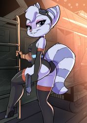 Rule 34 | 1girl, alien, animal ears, ass, boots, breasts, furry, furry female, gallystudio, goggles, gun, high heel boots, high heels, mechanical arms, ratchet &amp; clank, ratchet &amp; clank: rift apart, rivet (ratchet &amp; clank), single mechanical arm, solo, striped tail, tail, thigh boots, thighhighs, weapon