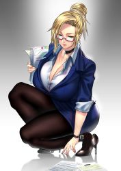 Rule 34 | 1girl, absurdres, anima (togashi), black choker, black footwear, black pantyhose, blonde hair, blue eyes, blue jacket, blue skirt, breasts, choker, cleavage, closed mouth, commission, formal, glasses, hair bun, high heels, highres, jacket, large breasts, miniskirt, mole, mole on breast, nail polish, office lady, original, pantyhose, paper, paper stack, pencil skirt, pink nails, semi-rimless eyewear, sidelocks, single hair bun, skeb commission, skirt, sleeves rolled up, squatting, suit, thick thighs, thighs, updo, watch