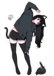 Rule 34 | 1girl, ahoge, animal ears, arm up, black cat, black eyes, black hair, black hoodie, black shorts, blush stickers, cat, cat ears, cat girl, cat tail, highres, hood, hoodie, leaning to the side, long hair, megateru, original, oversized clothes, pantylines, revision, shorts, simple background, skindentation, sleeves past wrists, smile, solo, tail, tareme, thighhighs, wavy hair, white background
