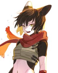 Rule 34 | 1girl, :d, animal ears, arm guards, arms at sides, backlighting, bare shoulders, black fur, black hair, cat ears, cat girl, chest guard, crop top, dungeon meshi, green eyes, highres, izutsumi, looking at viewer, merst pere, midriff, navel, open mouth, red scarf, scarf, short hair, simple background, sleeveless, smile, solo, sweat, upper body, white background, wind