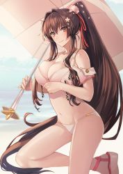 Rule 34 | 1girl, bikini, blurry, blurry background, breasts, brown eyes, brown hair, cleavage, closed mouth, cropped vest, flower, hair between eyes, hair flower, hair intakes, hair ornament, hair ribbon, hair scrunchie, high ponytail, highres, holding, holding umbrella, kantai collection, kasumi (skchkko), large breasts, long bangs, long hair, looking at viewer, navel, official alternate costume, pink bikini, pink vest, red ribbon, ribbon, sandals, scrunchie, simple background, smile, solo, standing, standing on one leg, swimsuit, toeless footwear, umbrella, vest, yamato (kancolle), yamato kai ni (kancolle)