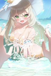 Rule 34 | absurdres, applepie (12711019), bikini, blue archive, blush, breasts, cleavage, collarbone, green eyes, halo, hat, highres, large breasts, lens flare, long hair, looking at viewer, nonomi (blue archive), ocean, open mouth, pov, pov hands, straw hat, swimsuit, water