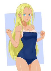 Rule 34 | 1girl, blonde hair, blue eyes, blue one-piece swimsuit, clothes pull, competition school swimsuit, contrapposto, cowboy shot, highres, jewelry, kofune ushio, long hair, looking at viewer, necklace, one-piece swimsuit, one-piece swimsuit pull, one-piece tan, school swimsuit, shell, shell necklace, solo, standing, summertime render, swimsuit, tan, tanline, tongue, tongue out, very long hair, viperxtr
