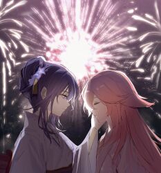 Rule 34 | 2girls, animal ears, blunt bangs, chinese commentary, closed eyes, closed mouth, commentary, face-to-face, fireworks, genshin impact, hair between eyes, hair down, hair ornament, hair up, hand on another&#039;s cheek, hand on another&#039;s face, highres, japanese clothes, kimono, kis7908992, mole, mole under eye, multiple girls, night, night sky, outdoors, pink hair, pink kimono, purple eyes, purple hair, purple kimono, raiden shogun, sky, yae miko, yuri