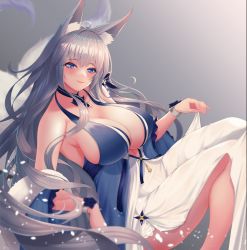 Rule 34 | 1girl, animal ear fluff, animal ears, azur lane, bare shoulders, blue eyes, blush, breasts, cleavage, closed mouth, fox ears, fox girl, fox tail, grey background, grey hair, kangaruu (momotk1109), large breasts, long hair, looking at viewer, official alternate costume, shinano (azur lane), shinano (dreams of the hazy moon) (azur lane), smile, solo, tail