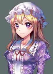 Rule 34 | 1girl, blonde hair, blush, breasts, center frills, closed mouth, collarbone, commentary request, dark jewel (gem oblivion), floral print, frilled shirt collar, frills, grey background, hair between eyes, hat, hat ribbon, juliet sleeves, long hair, long sleeves, looking at viewer, maribel hearn, medium breasts, mob cap, puffy sleeves, purple eyes, red ribbon, ribbon, ribbon-trimmed collar, ribbon trim, sidelocks, simple background, smile, solo, touhou, upper body, white hat