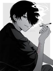 Rule 34 | 1boy, bags under eyes, cigarette, greyscale, hair over one eye, highres, holding, holding cigarette, jewelry, lip piercing, looking at viewer, male focus, monochrome, nail polish, original, piercing, self-harm scar, shirt, simple background, smoke, smoking, solo, soui manshin, spot color, two-tone background