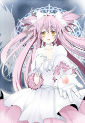 Rule 34 | 10s, 1girl, alternate hairstyle, bow, dress, gloves, hair bow, kaname madoka, long hair, mahou shoujo madoka magica, mahou shoujo madoka magica (anime), mamemix, outstretched hand, pink hair, solo, spoilers, two side up, ultimate madoka, wings, yellow eyes