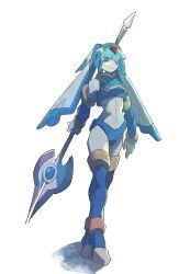 Rule 34 | 1girl, armor, blue armor, blue eyes, blue footwear, blue helmet, boots, fairy leviathan (mega man), forehead jewel, full body, highres, holding, holding polearm, holding weapon, looking at viewer, mega man (series), mega man zero (series), polearm, simple background, smile, solo, spear, thigh boots, weapon, white background, yaseinotaso