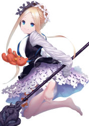 Rule 34 | 1girl, abigail williams (fate), abigail williams (festival outfit) (fate), bad id, bad pixiv id, blonde hair, bloomers, blouse, blue eyes, bow, braid, dress, fate/grand order, fate (series), feet, holding, long hair, maid, maid headdress, official alternate costume, orange bow, parted bangs, shirt, smile, soles, solo, stuffed animal, stuffed toy, teddy bear, tentacles, toes, underwear, very long hair, white bloomers, white shirt