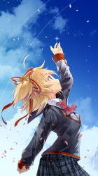 Rule 34 | 1girl, arched back, blonde hair, blue eyes, cloud, day, kamikita komari, little busters!, looking up, petals, plaid, plaid skirt, profile, school uniform, short hair, skirt, sky, solo, twintails, yae (mono110)