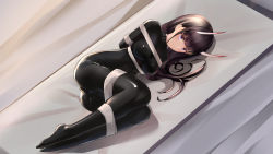 Rule 34 | 1girl, absurdres, arms behind back, azur lane, bdsm, blue eyes, bodysuit, bondage, bound, brown hair, commentary request, female focus, full body, highres, horns, latex, latex bodysuit, long hair, looking at viewer, lying, noshiro (azur lane), plantar flexion, restrained, shiny clothes, skin-covered horns, skin tight, smile, solo, zhadanzhawugui