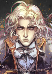 Rule 34 | 1boy, alucard (castlevania), black coat, castlevania: symphony of the night, castlevania (series), chain, coat, dhampir, half-human, high collar, hungry clicker, konami, lips, long hair, looking at viewer, pale skin, serious, solo, traditional media, undead, upper body, vampire, white hair, white neckwear