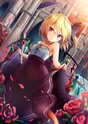 Rule 34 | 1girl, alternate costume, bare arms, bare shoulders, black ribbon, black skirt, blonde hair, breasts, building, clothes lift, collarbone, commentary request, cross, dutch angle, flandre scarlet, flower, hair between eyes, hair ribbon, highres, inverted cross, lifting own clothes, looking at viewer, no headwear, no headwear, orange sky, parted lips, petals, red eyes, red flower, red rose, renka (cloudsaikou), ribbon, rose, short hair, side ponytail, skirt, skirt lift, sky, slit pupils, small breasts, solo, spaghetti strap, touhou, wings