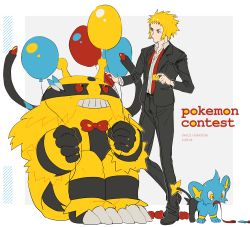 Rule 34 | 00s, 1boy, bad id, bad twitter id, blonde hair, blue eyes, bow, bowtie, character name, creatures (company), electivire, flat color, formal, game freak, gen 4 pokemon, gym leader, looking at another, loose necktie, male focus, necktie, nintendo, pokemon, pokemon (creature), pokemon dppt, red eyes, red necktie, shinx, sitting, suit, traditional bowtie, undone necktie, volkner (pokemon), white background, yellow eyes, yuuichi (bobobo)