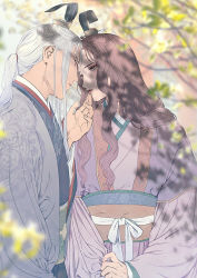 Rule 34 | 1boy, 1girl, blurry, branch, brown hair, bun cover, chinese clothes, clothes grab, couple, dappled sunlight, day, depth of field, eye contact, face-to-face, finger to another&#039;s mouth, grey hair, half updo, hand up, hanfu, hetero, imminent kiss, juuni kokuki, king tai (juuni kokuki), kyusui polymer, lipstick, long hair, long sleeves, looking at another, looking away, low ponytail, makeup, parted lips, pink robe, ponytail, risai (juuni kokuki), robe, sash, sidelocks, sunlight, tree shade, upper body, wide sleeves
