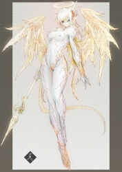 Rule 34 | 1girl, angel, angel wings, au ra, warrior of light (ff14), blonde hair, breasts, colored skin, commentary request, commission, final fantasy, final fantasy xiv, fingernails, full body, gradient hair, grey eyes, halo, highres, holding, holding polearm, holding weapon, long fingernails, mabo9317, medium breasts, monster girl, multicolored hair, nipples, plantar flexion, polearm, sharp fingernails, sin eater (ff14), skeb commission, solo, spear, tail, two-tone hair, weapon, white hair, white skin, wings