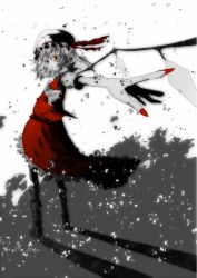 Rule 34 | 1girl, 890117, bad id, bad pixiv id, female focus, flandre scarlet, foreshortening, hat, highres, monochrome, red eyes, red theme, solo, spot color, touhou, wings