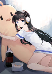 Rule 34 | 1girl, azur lane, bare shoulders, blue eyes, bottle, brown hair, chips (food), closed mouth, food, from side, fuco, headphones, highres, kneeling, leaning forward, long hair, long island (azur lane), long island (long island - indoor slacker) (azur lane), looking at viewer, mouth hold, off shoulder, potato chips, shirt, solo, stuffed chicken, very long hair, white shirt