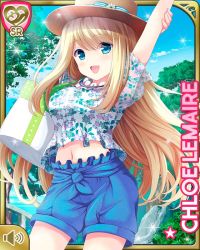 Rule 34 | 1girl, bag, blonde hair, blue eyes, blue shorts, breasts, card (medium), character name, chloe lemaire, day, girlfriend (kari), large breasts, long hair, navel, official art, open mouth, outdoors, picnic, qp:flapper, shirt, shorts, smile, standing, tagme, white shirt