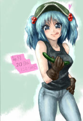 Rule 34 | 1girl, :p, blue eyes, blue hair, breasts, cucumber, female focus, gloves, hand on own hip, hat, heart, hip focus, kawashiro nitori, magifuro, matching hair/eyes, pants, smile, solo, tank top, tongue, tongue out, touhou, two side up